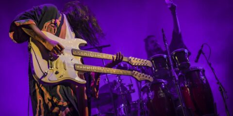 Musicien avec guitare double manche sur scène