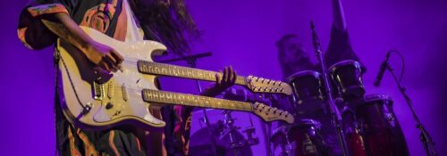 Musicien avec guitare double manche sur scène