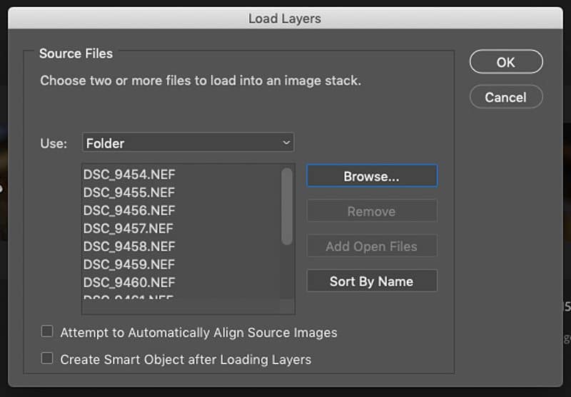 focus stacking photoshop importation des images pour lempilement valider la boite de dialogue