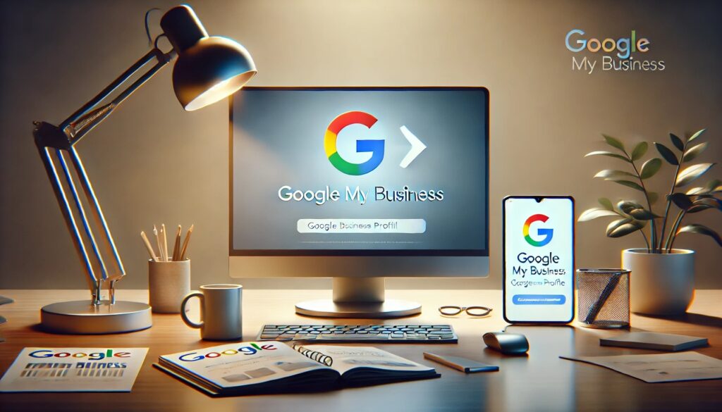 Bureau avec ordinateur, téléphone affichant Google My Business.