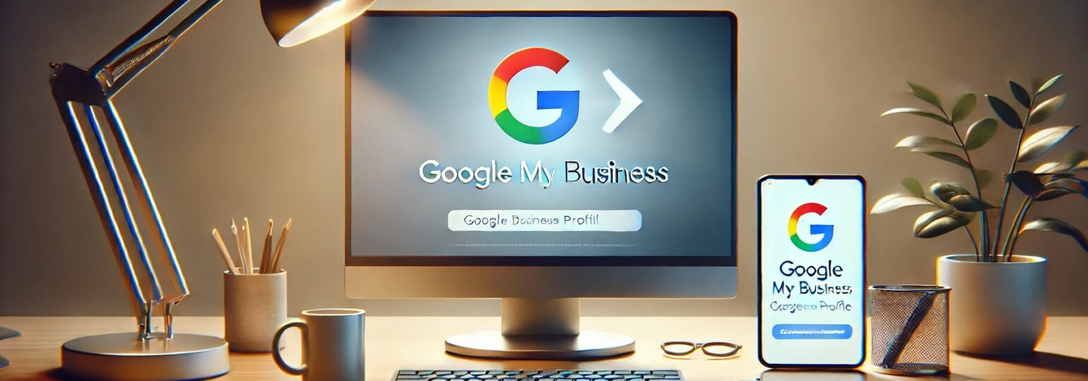 Bureau avec ordinateur, téléphone affichant Google My Business.