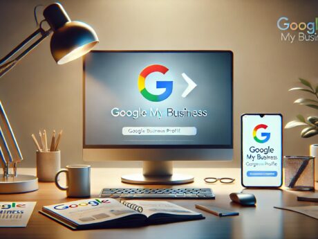 Bureau avec ordinateur, téléphone affichant Google My Business.