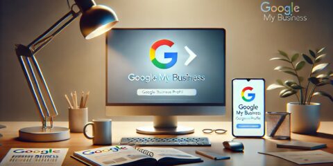 Bureau avec ordinateur, téléphone affichant Google My Business.