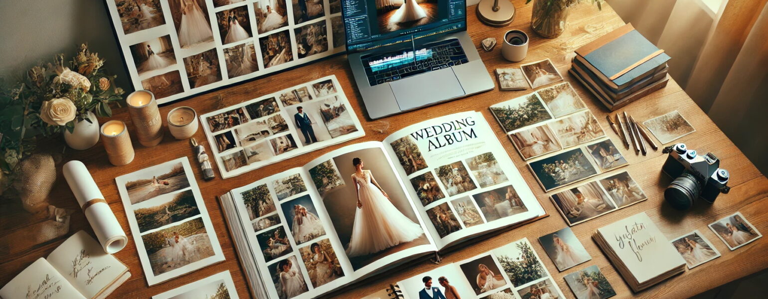 Bureau créatif avec album de mariage en cours.