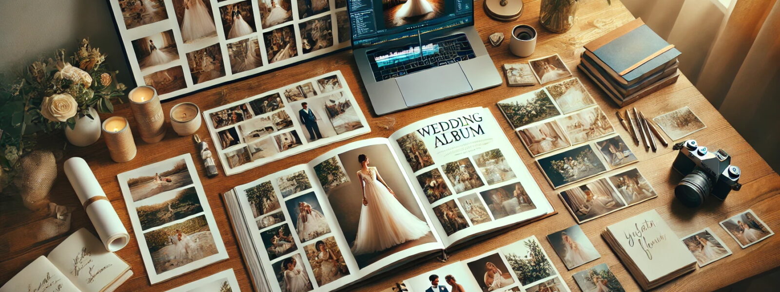 Bureau créatif avec album de mariage en cours.