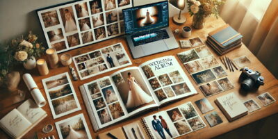 Bureau créatif avec album de mariage en cours.