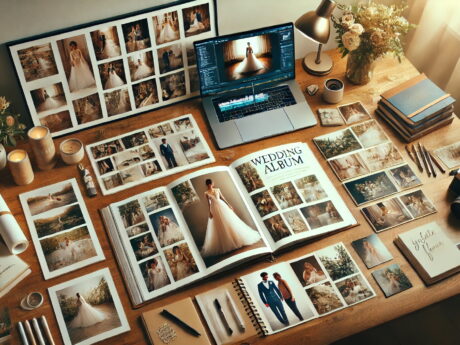 Bureau créatif avec album de mariage en cours.