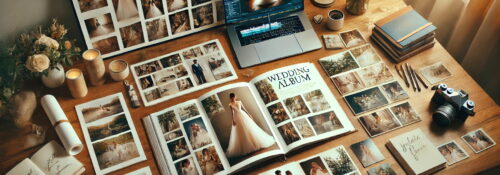 Bureau créatif avec album de mariage en cours.