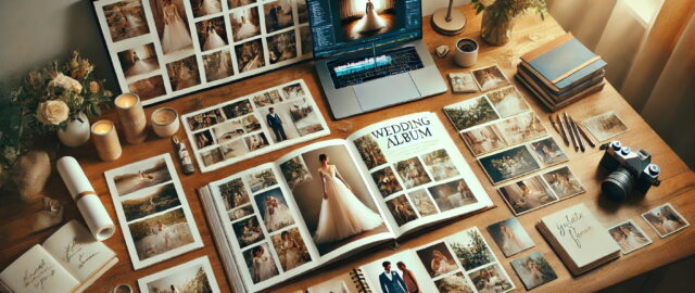 Bureau créatif avec album de mariage en cours.