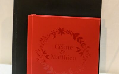 Deux albums photo, noir et rouge fleuri.