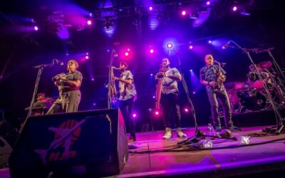 Groupe de musiciens en concert avec éclairage violet.