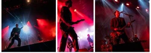 Groupe de rock en concert, éclairage rouge spectaculaire.