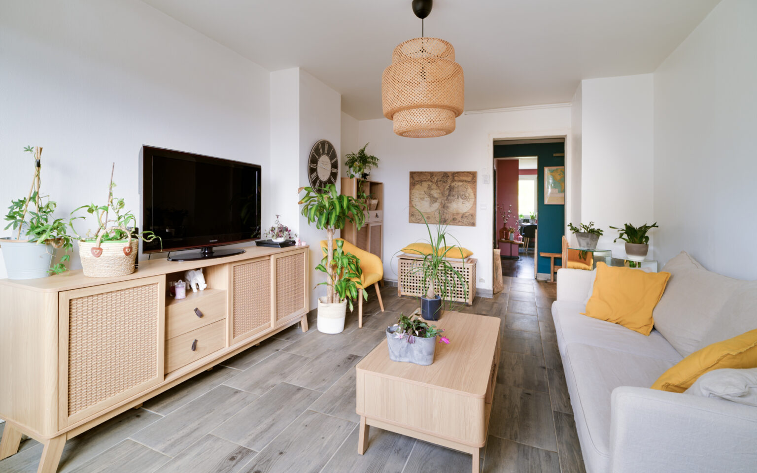 Salon moderne avec canapé et plantes vertes.