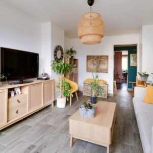 Salon moderne avec canapé et plantes vertes.