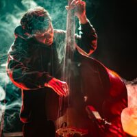 Musicien jouant de la contrebasse sur scène avec fumée.