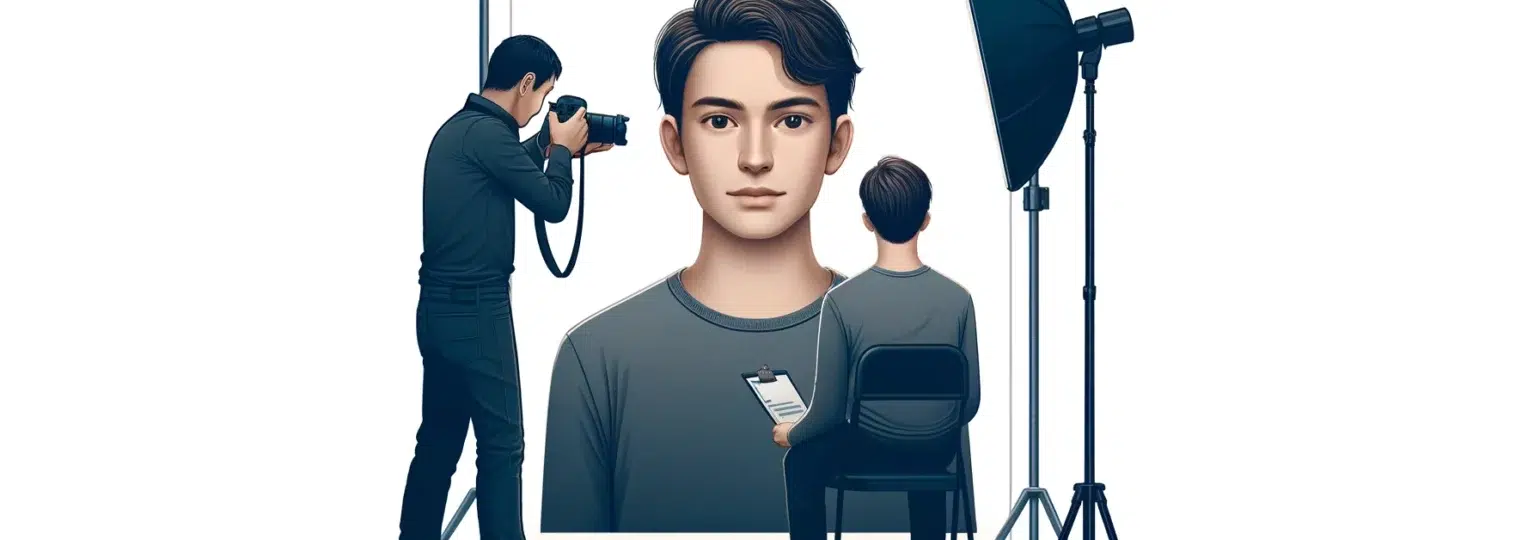 Photographe prenant portrait dans studio professionnel.