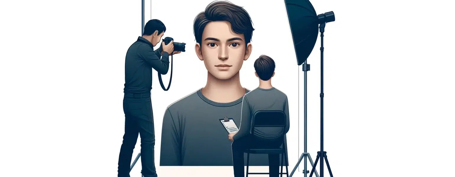 Photographe prenant portrait dans studio professionnel.