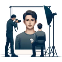 Photographe prenant portrait dans studio professionnel.