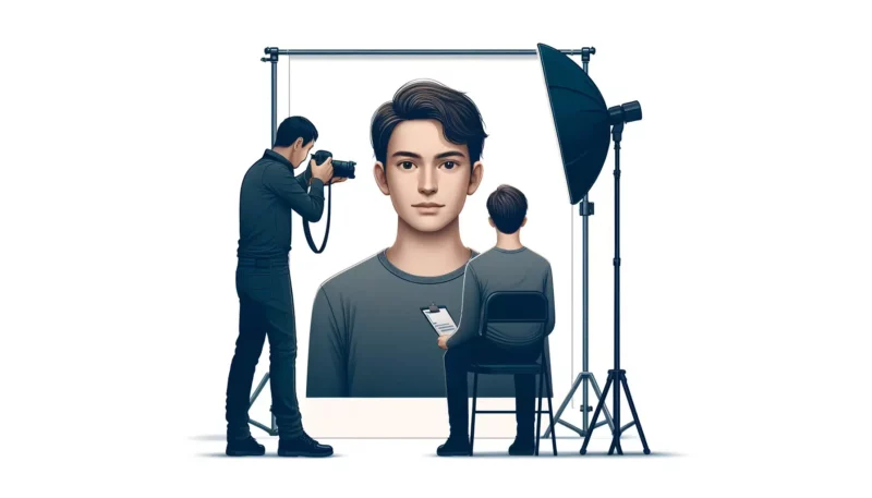 Photographe prenant portrait dans studio professionnel.