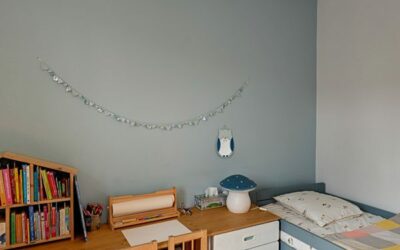 Chambre d'enfant avec bureau et étagères.