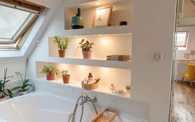 Salle de bain lumineuse avec étagères et plantes.