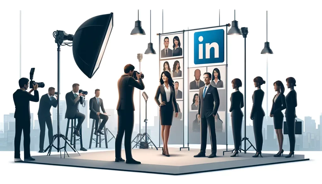 Photographes et modèles sur un plateau LinkedIn.