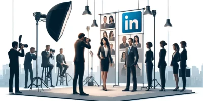 Photographes et modèles sur un plateau LinkedIn.