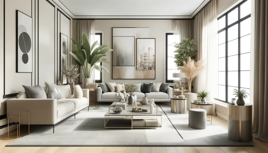 Salon moderne avec canapés, tables et décorations végétales.