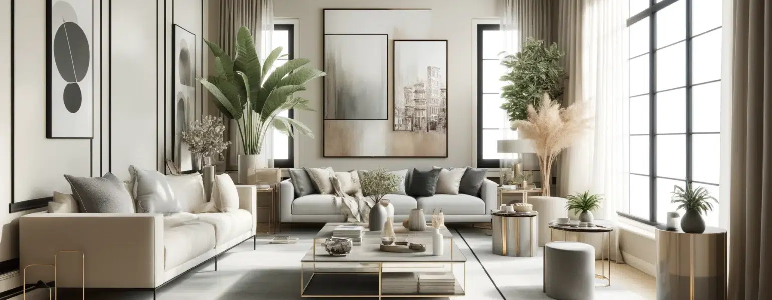 Salon moderne avec canapés, tables et décorations végétales.