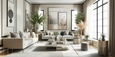 Salon moderne avec canapés, tables et décorations végétales.