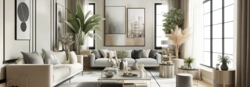 Salon moderne avec canapés, tables et décorations végétales.