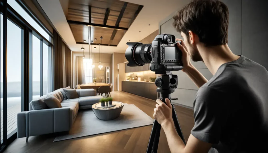 Photographe prend une photo d'un salon moderne.