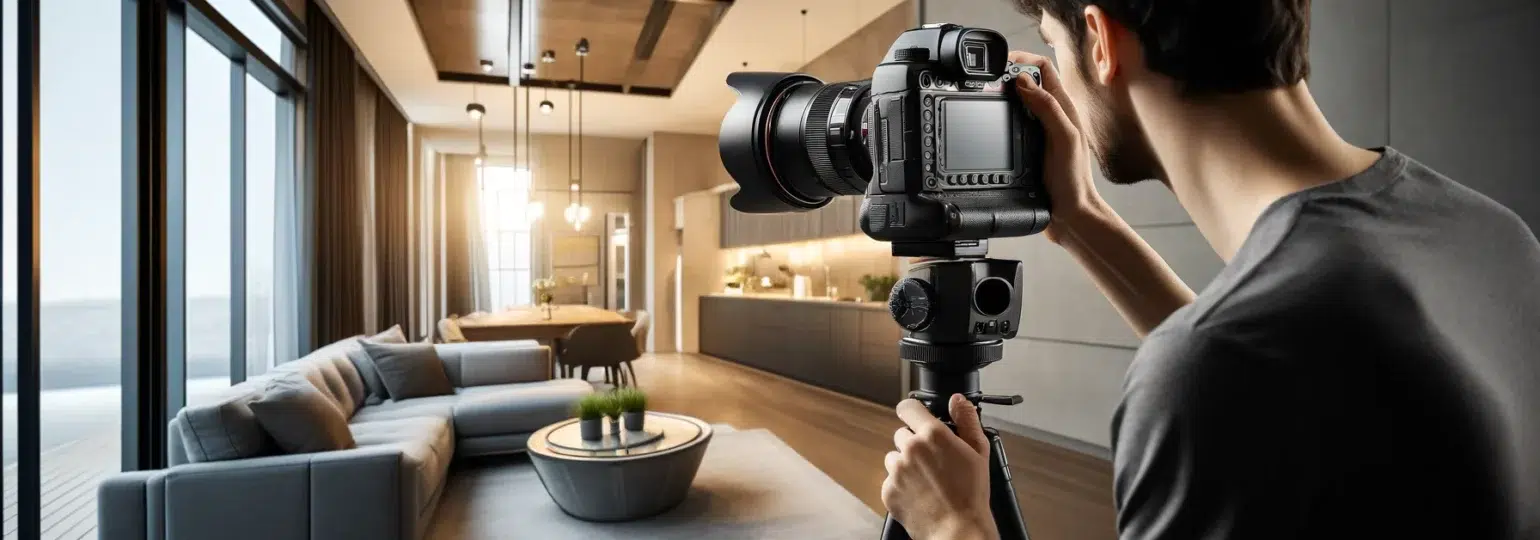 Photographe prend une photo d'un salon moderne.