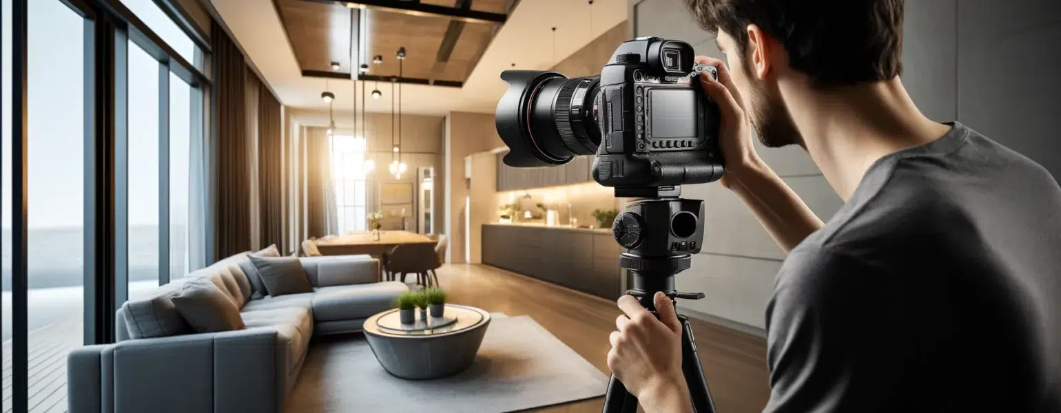 Photographe prend une photo d'un salon moderne.