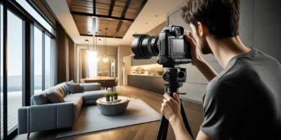 Photographe prend une photo d'un salon moderne.