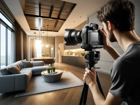 Photographe prend une photo d'un salon moderne.
