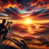 Photographe capturant un coucher de soleil montagneux spectaculaire.