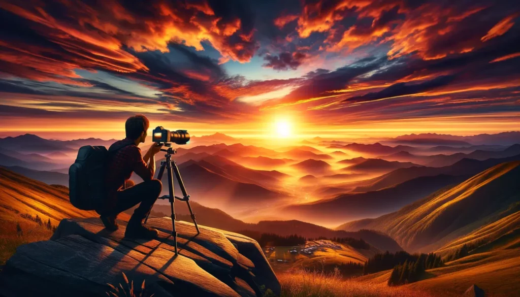 Photographe capturant un coucher de soleil montagneux spectaculaire.