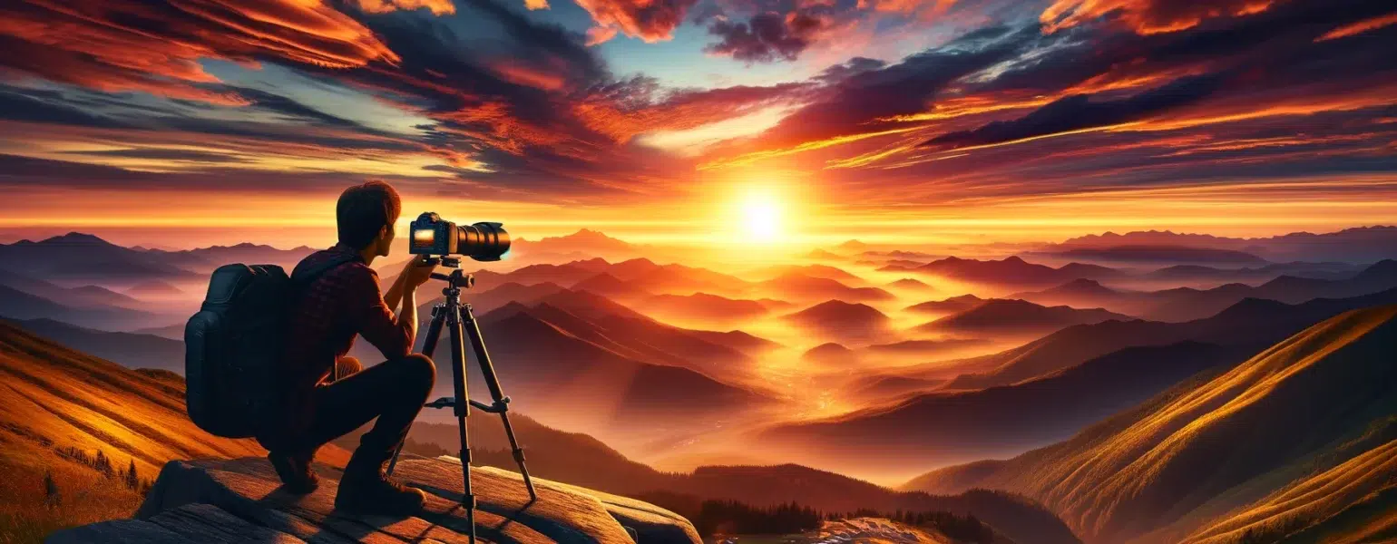 Photographe capturant un coucher de soleil montagneux spectaculaire.
