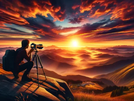 Photographe capturant un coucher de soleil montagneux spectaculaire.