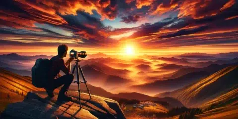 Photographe capturant un coucher de soleil montagneux spectaculaire.