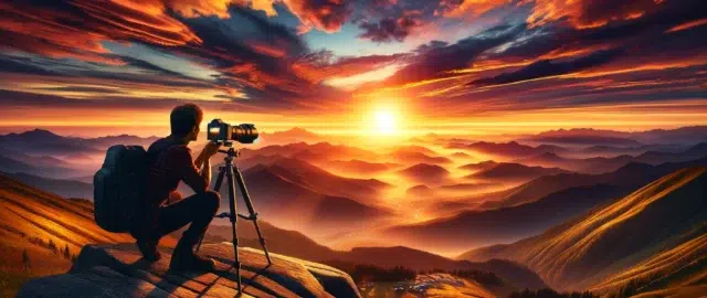 Photographe capturant un coucher de soleil montagneux spectaculaire.