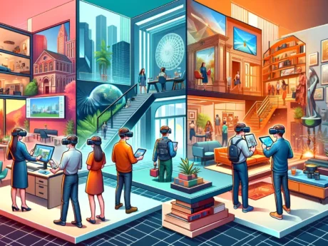 Personnes explorant réalité virtuelle immersive.