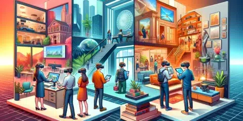 Personnes explorant réalité virtuelle immersive.