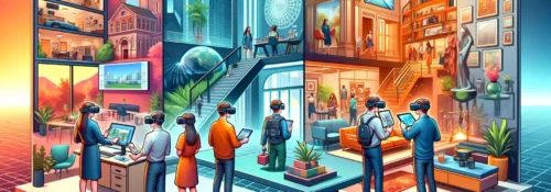 Personnes explorant réalité virtuelle immersive.