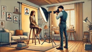 Séance photo professionnelle dans un studio moderne.