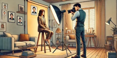 Séance photo professionnelle dans un studio moderne.