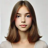 Portrait jeune femme cheveux bruns courts souriante.