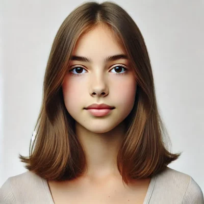 Portrait jeune femme cheveux bruns courts souriante.