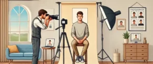 Photographe prend photo d'un homme assis en studio.